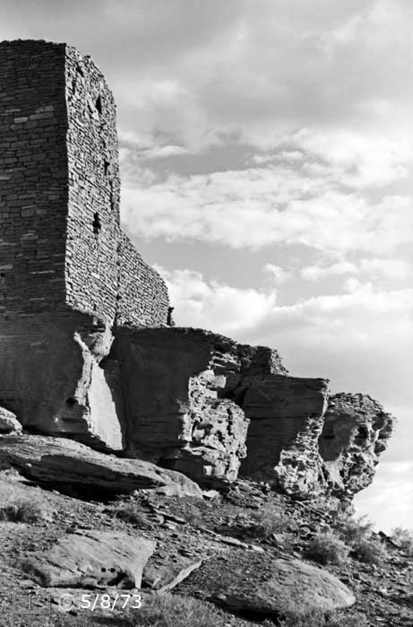 B/W photo: Closer view of ruins constructiion and its base - Embedded text: 5/8/73