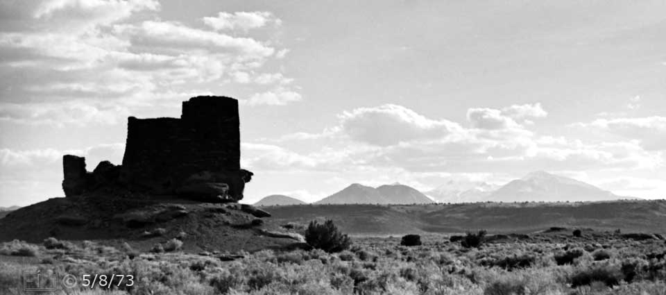 B/W photo: Distant view of ruin and its surroundings - Embedded text: 5/8/73