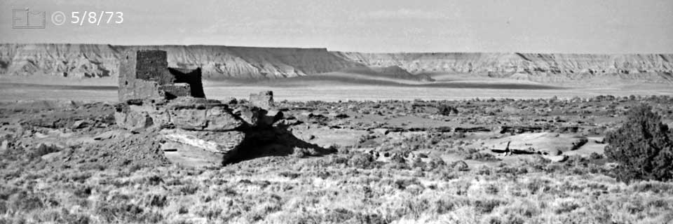 B/W photo: Panoramic view of ruin in its enviroment - Embedded text: 5/8/73