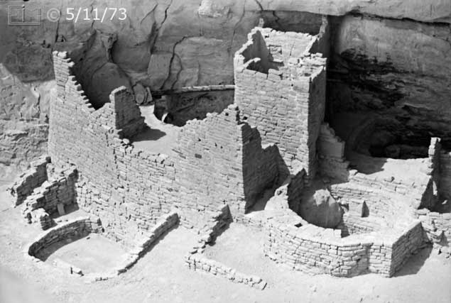 B/W photo: Close view of ruins to left of Square Tower - Embedded text: 5/11/73