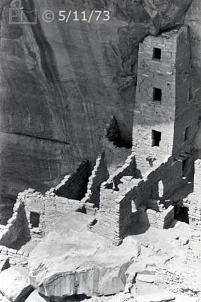 B/W photo: Close view of Square Tower ruin - Embedded text: 5/11/73