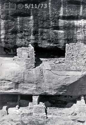 B/W photo: Close view of ruins on side of and at base of cliff  - Embedded text: 5/11/73