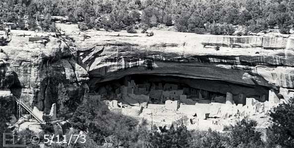 B/W photo: Medium view of Cliff House ruins from across canyon - Embedded text: 5/11/73