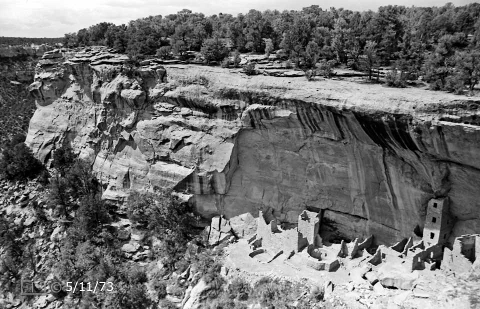 B/W photo: View of Square Tower House ruins in their environment - Embedded text: 5/11/73