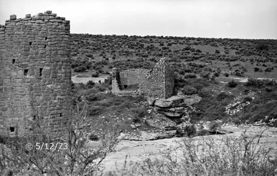 B/W photo: View of multiple puelbo ruins - Embedded text: 5/12/73