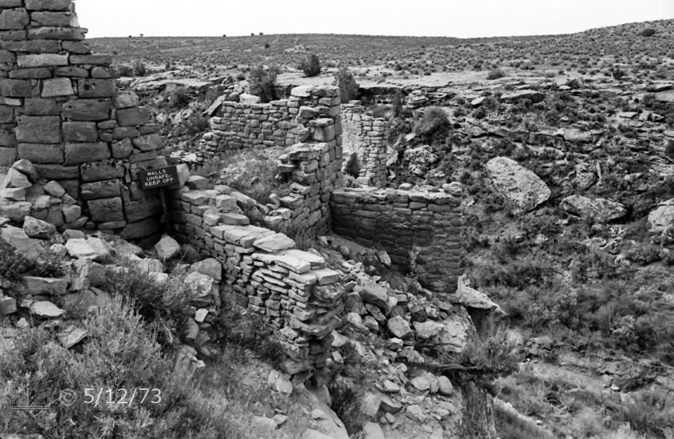 B/W photo: Closer view of cylindrical structure ruin base area - Embedded text: 5/12/73