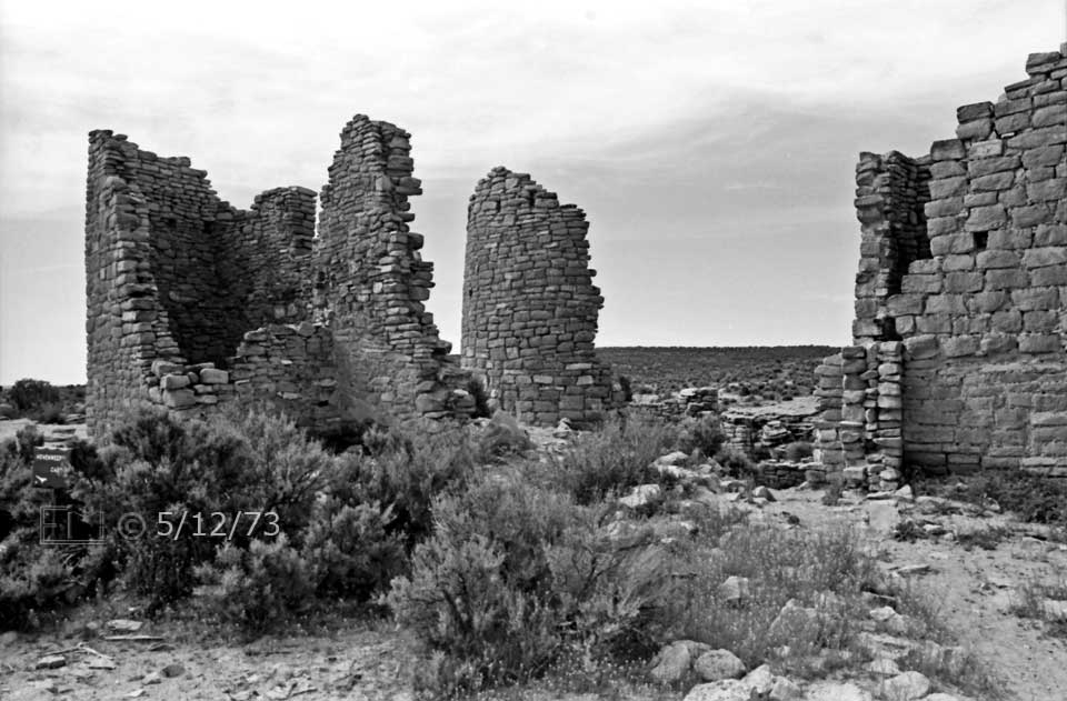B/W photo: Group of pueblo ruins - Embedded text: 5/12/73