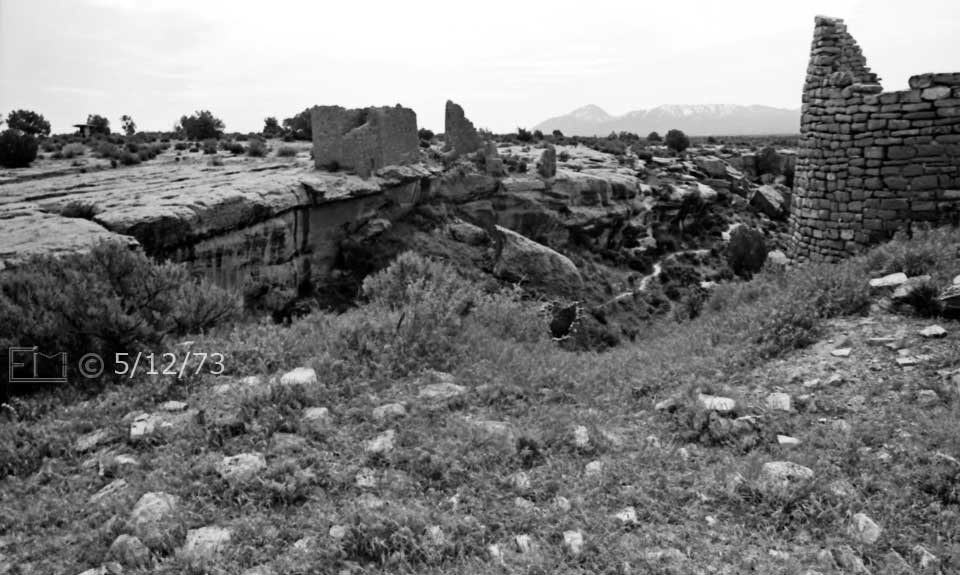 B/W photo: View of Canyon and ruins atop it's ajoining mesas - Embedded text: 5/12/73