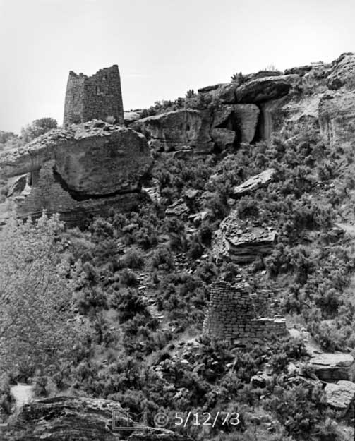 B/W photo: Zoomed-in close view of ruin on hilltop and hillside, left - Embedded text: 5/11/73