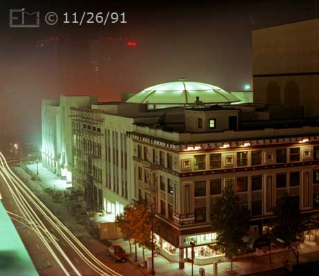 Color photo: Elevated SSW view of 1st ave. and F st. from West side of Horton Plaza  - Embedded text: 11/26/91