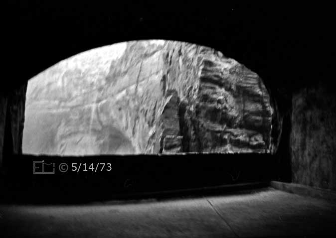 B/W photo: View of and through large opening within roadway tunnel - Embedded text: 5/14/73