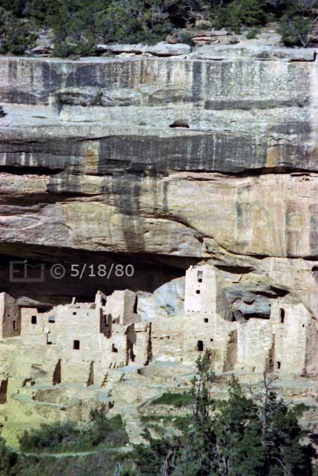 Color photo: Portrait view of Cliff Palace Ruins from across canyon - Embedded text: 5/18/80