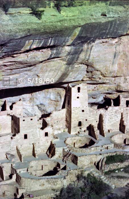 Color photo: Portrait view of Cliff Palace Ruins from across canyon - Embedded text: 5/18/80