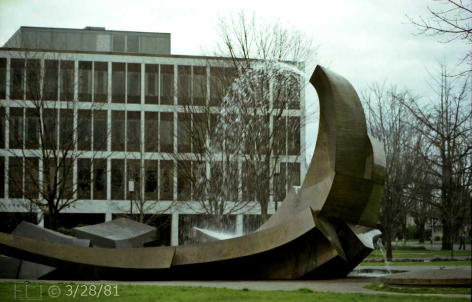 Color photo: Side landscape view of distinctive water fountain - Embedded text: 3/28/81