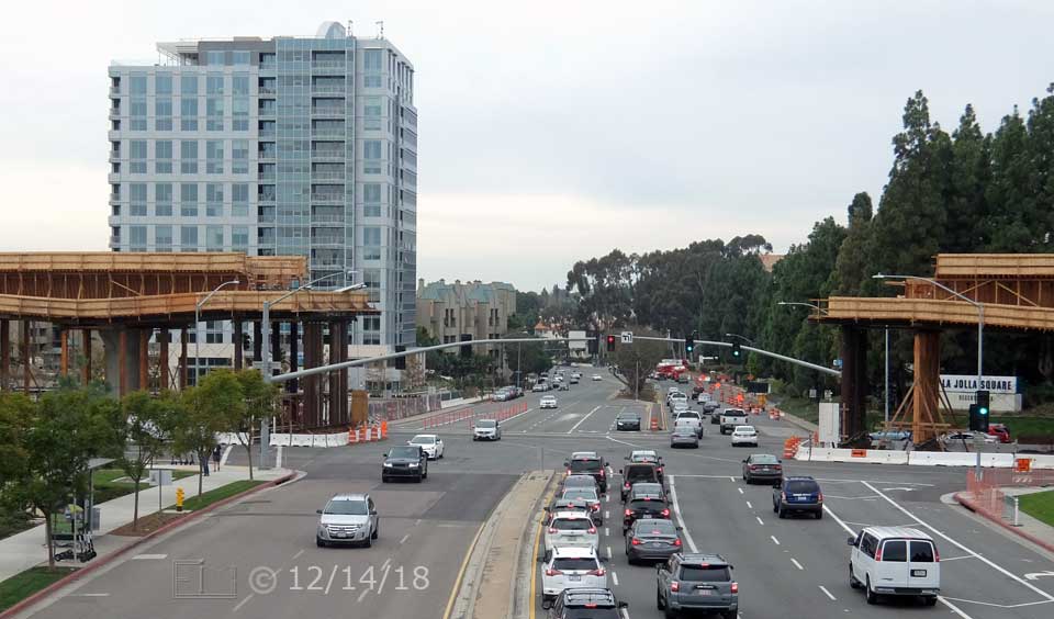 Color photo: West looking view from La Jolla Village Dr pedestrian bridge - Embedded text: 12/14/18
