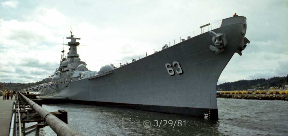 Color photo: Landscape, wharf view of battleship U.S.S. Missouri - Embedded text: 3/29/81