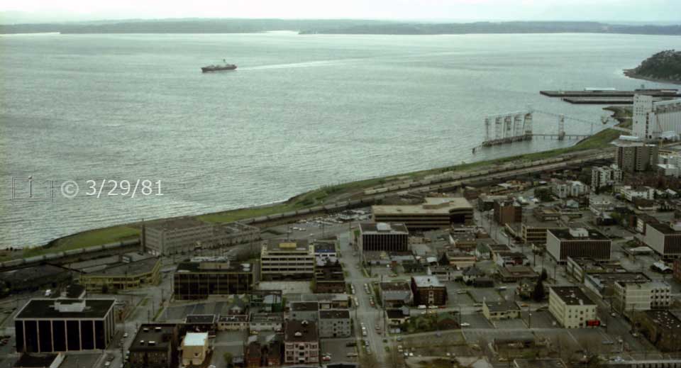 Color photo: View to the West from atop Space Needle - Embedded text: 3/29/81