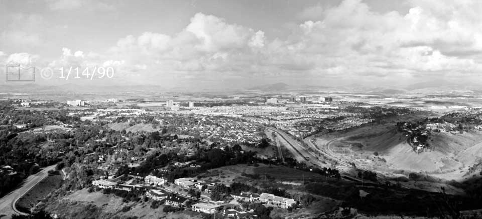 B/W photo:  Wide view from atop Mt. Soledad (NNE? view) - Embedded text: 1/14/90