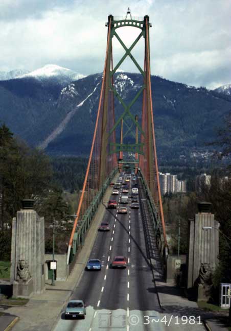 Color photo: Elevated, portrait view of Lions Gate Bridge - Embedded text: 3~4/1981