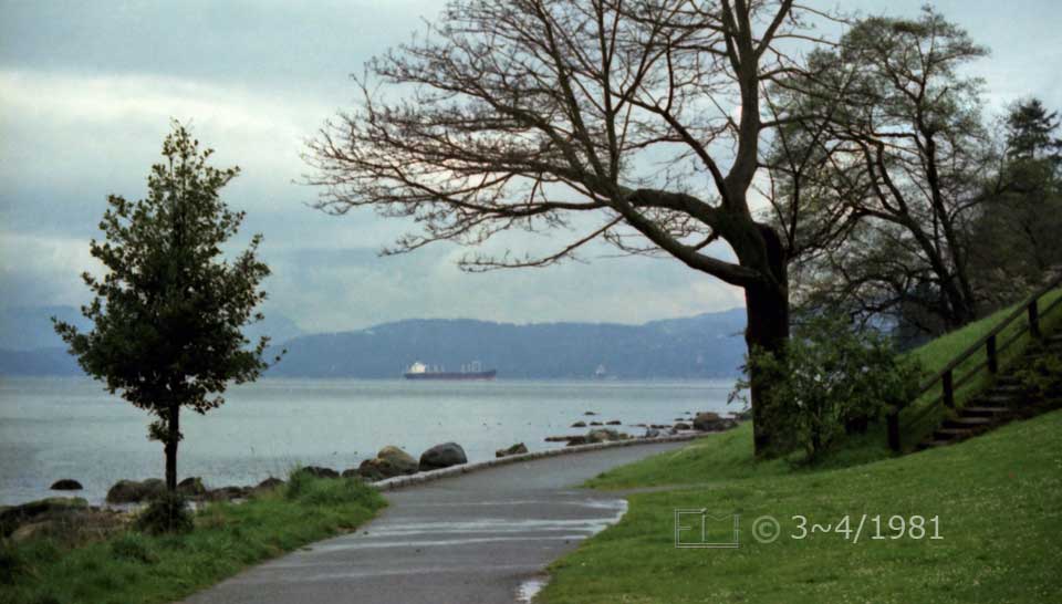 Color photo: Landscape view of walkway along shore intersecting with staircase walkway on hillside - Embedded text: 3~4/1981
