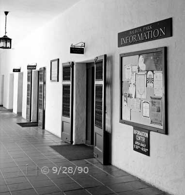 B/W photo: Oblique view of Balboa Park Information Center entrance - Embedded text: 9/28/90