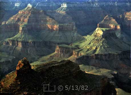 Color photo: An evening view of Grand Canyon rock formations including Cheops Pyramid - Embedded text: 5/13/82