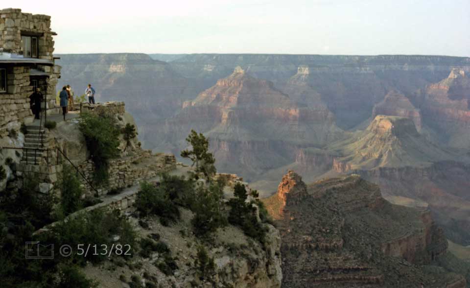 Color photo: Evening view of Lookout Studio with Cheops Pyramid and Grand Canyon as backdrop - Embedded text: 5/13/82