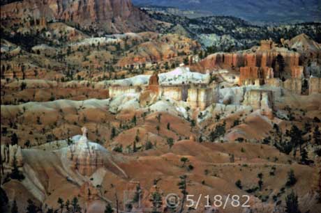 Color photo: Telephoto view of Bryce Canyon landscape - Embedded text: 5/18/82