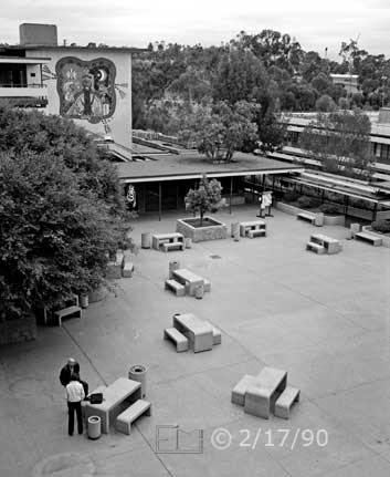 B/W photo: View from upper floor of 'A' building of patio to its East - Embedded text: 2/17/90