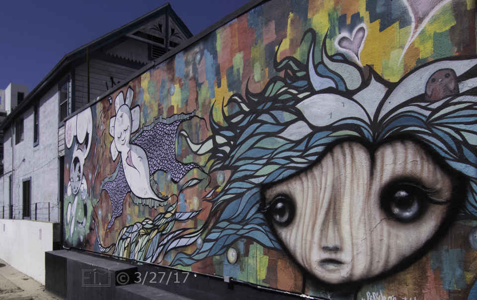 Color photo: Art work on the side of a Park Blvd building - Embedded text: 3/27/17