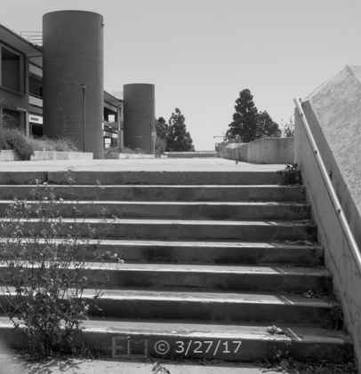 B/W photo: View of a north side stairway entrance to City College, unkempt while construction underway  - Embedded text: 3/27/17