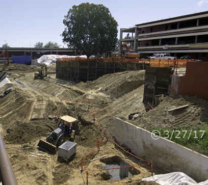 Color photo: View from North (T building) of major landscaping underway between 'A' and 'T' buildings  - Embedded text: 3/27/17