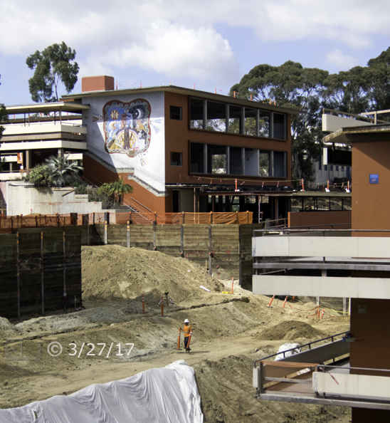 Color photo: View from South (L building) of major landscaping underway between 'A' and 'T' buildings  - Embedded text: 3/27/17