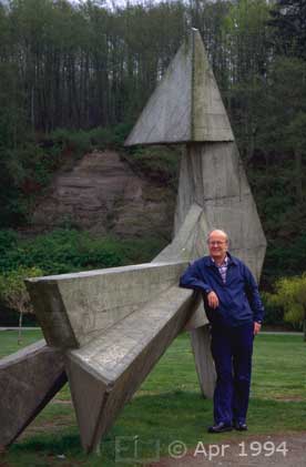 Color photo: Portrait view of self and sculpture in Stanley Park - Image taken: 4/7~12/1994