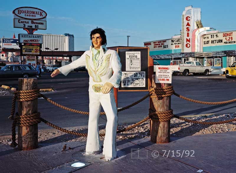 Color photo: Statue of Elvis in front of a small casino - Embedded text: 7/15/92