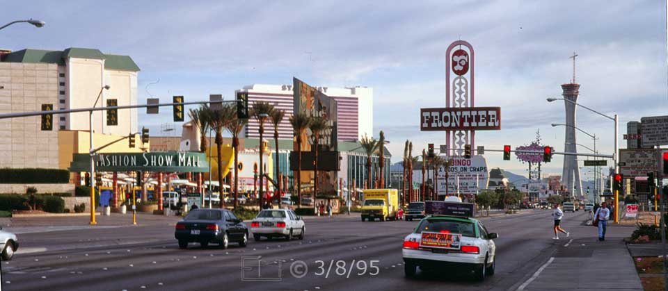 Color photo: View of Las Vegas Blvd with 'Fashion Show Mall' on the left - Embedded text: 3/8/95
