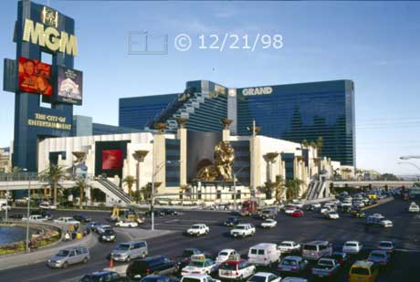 Color photo: Daytime view of MGM Entertainment Complex and Las Vegas Blvd  - Embedded text: 12/21/98