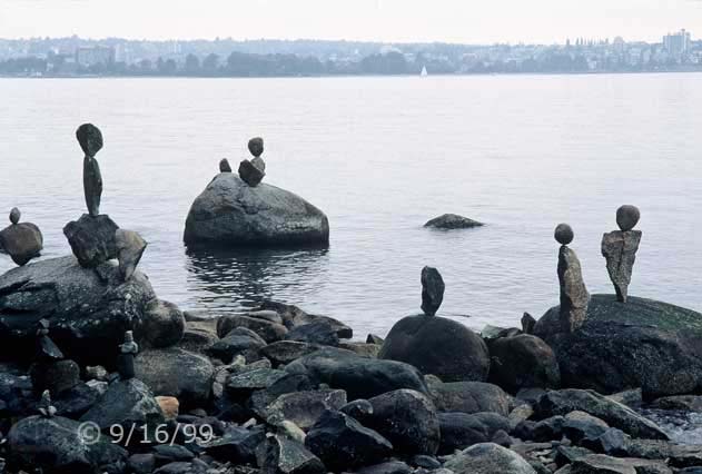 Color photo: Rock Art / Sculptures on a Vancouver beach  - Embedded text: 9/16/99
