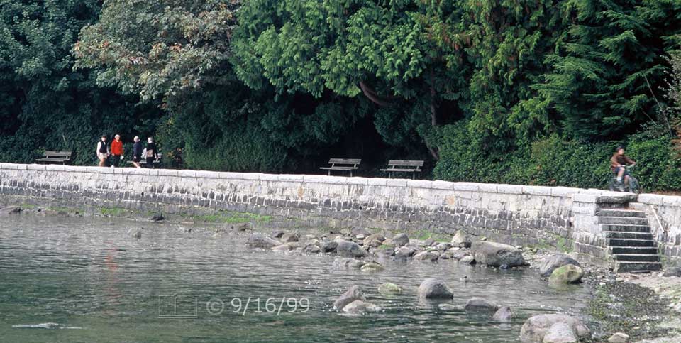 Color photo: Pedestrians, benches and cyclist along seawall walkway - Embedded text:9/16/99