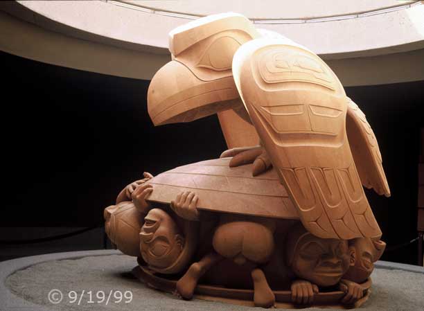 Color photo: Museum of Anthropology Rotunda > 'The Raven and the First Men': Bill Reid - Embedded text: 9/19/99