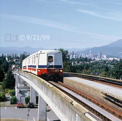 Color photo: Trolley headed to Vancouver suburbs - Embedded text: 9/21/99