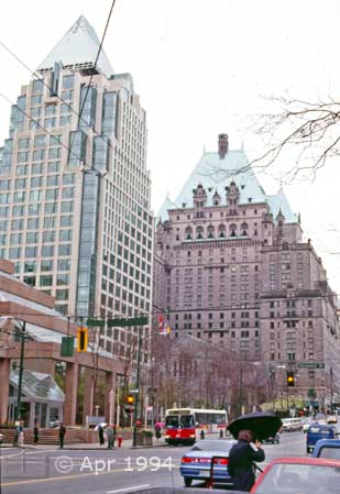 Color photo: Street traffic and buildings of downtown Vancouver - Image taken: 4/7~12/1994