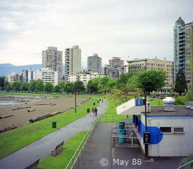 Color photo: View of English Bay Beach and Stanley Park Seawall Path - Embedded text: May 1988