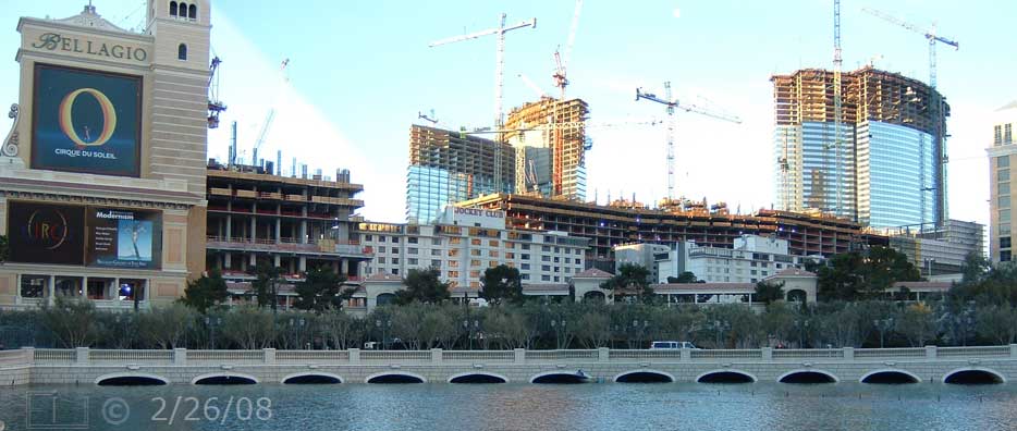 DSC color photo: View of Jockey Club and LV blvd construction from in front of the Bellagio - Embedded text: 2/26/08