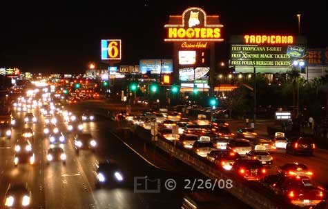 DSC color photo: Nighttime east view Tropicana Blvd from pedestrian overpass - Embedded text: 2/26/08