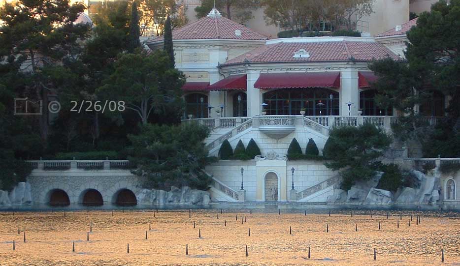 DSC color photo: View of Bellagio waterfront - Embedded text: 2/26/08