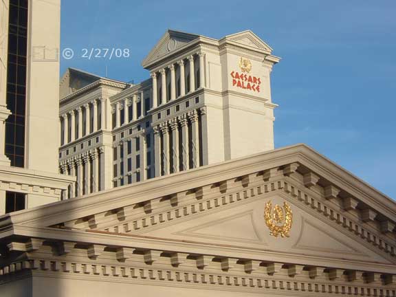 DSC color photo: Buildings of Caesar's Palace in early morning light - Embedded text: 2/27/08