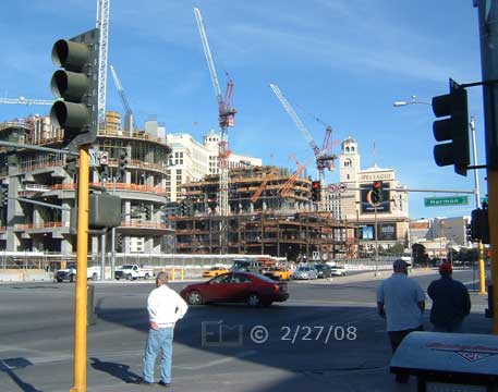 DSC color photo: Las Vegas Blvd/ Harmon Ave intersection with construction an the Bellagio across the street - Embedded text: 2/27/08
