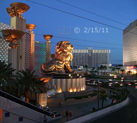 DSC color photo: Wide view of MGM Lion and its environment - Embedded text: 2/15/11