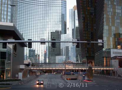 DSC color photo: New, completed construction north of Monte Carlo, viewed from across Las Vegas Blvd - Embedded text: 2/16/11